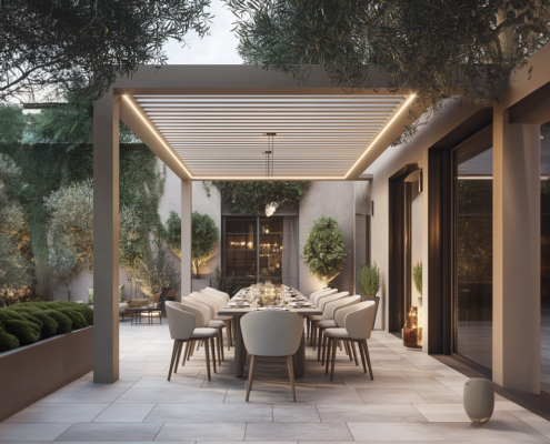 BG Menuiserie transforme votre extérieur en un véritable lieu de vie grâce à la pergola bioclimatique, modulable et esthétique.